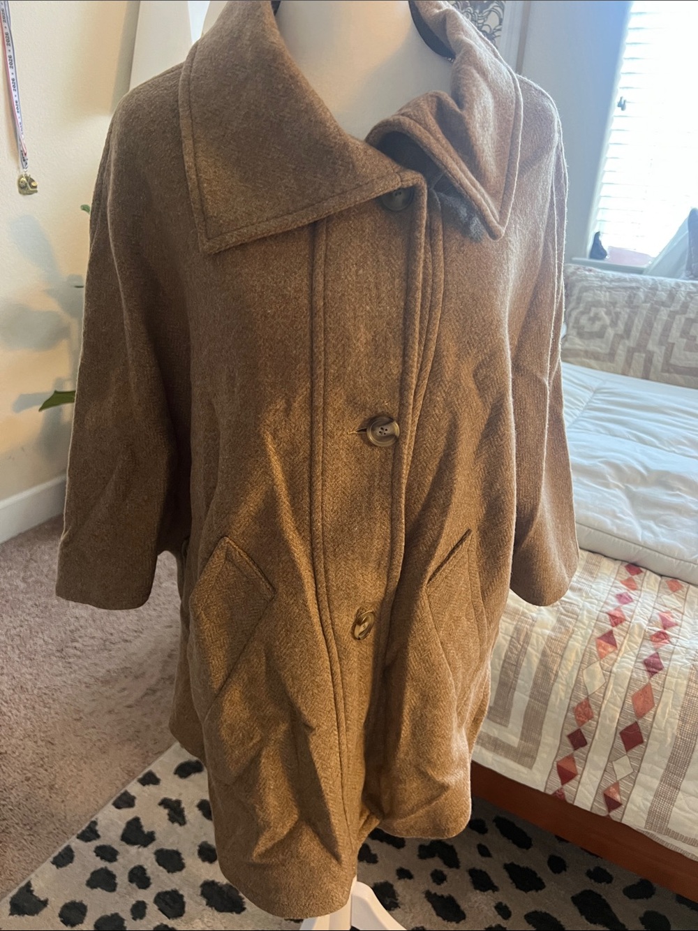 Women's Tan lambs Wool poncho  with Wide Collar